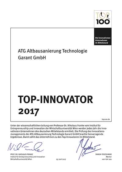 Urkunde Top Innovator ATG Trockenlegung