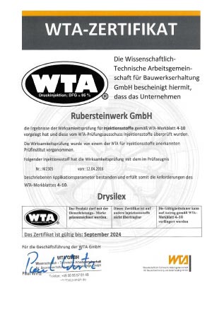 WTA Zertifikat ATG Injektionsflüssigkeit DRYSILEX Horizontalsperre Mauerinjektion